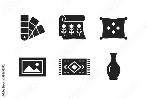 Collection of interior design and home decor icons including a color swatch, wallpaper, pillow, painting, rug, and vase