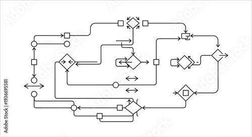 Complex black and white flowchart diagram illustrating a system process with various interconnected nodes and directional arrows.
