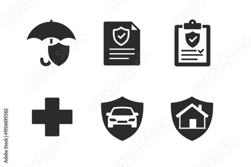 Collection of insurance and protection icons including umbrella, document, clipboard, cross, car, and house