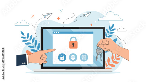 Digital security and data protection concept showing a laptop with face ID and fingerprint icons being unlocked by a key.