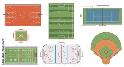 Collection of Sports Fields and Courts Layouts Top View.