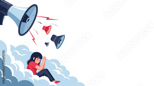 Mental health and bullying concept depicting a young woman crying in the clouds while being overwhelmed by loud megaphones.