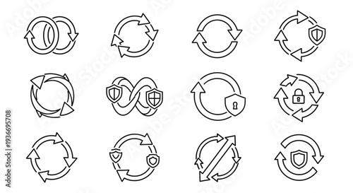 Diverse Set of Refresh and Recycle Icons with Infinity Symbol and Padlock on Isolated White Background