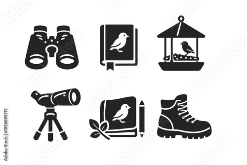 Illustration of birdwatching equipment including binoculars and a bird feeder