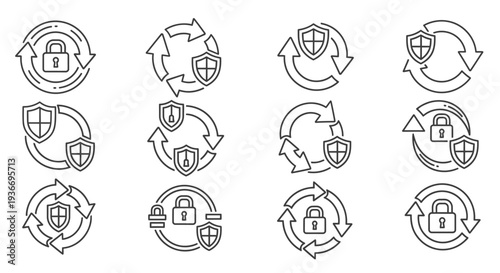 Set of Security and Data Protection Refresh Icons with Padlock and Shield Elements on Isolated White Background