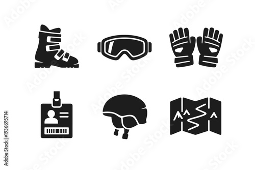 Collection of winter sport equipment icons including ski boot, goggles, gloves, helmet, map, and badge