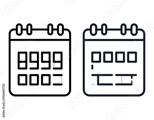 Black & white icons depicting calendar objects, one with numerical dates