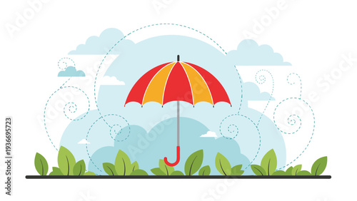 Colorful umbrella providing shelter against swirling wind and clouds in a conceptual weather and protection illustration.