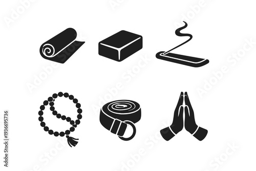 Collection of yoga and meditation icons including a rolled mat, block, incense, mala beads, strap, and prayer hands