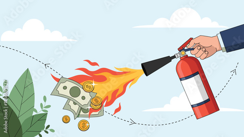 Financial protection and crisis management concept showing a fire extinguisher putting out flames on burning money.