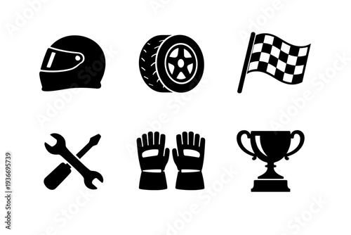 Collection of racing icons including helmet, tire, checkered flag, tools, gloves, and trophy