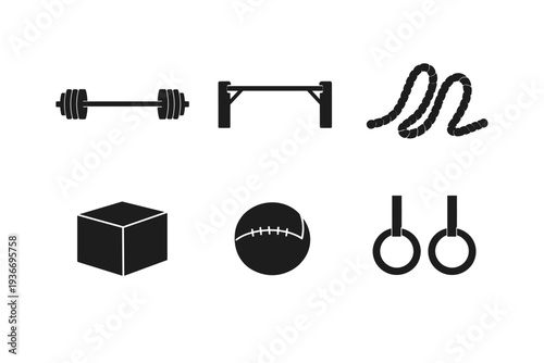 Collection of black fitness equipment icons on a white background for workout planning