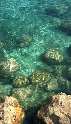 Stunning Underwater Paradise with Crystal Teal Water, Scenic Rocks, and Colorful Marine Life