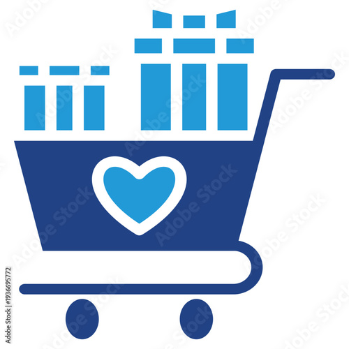 Icon of a shopping cart with a heart symbol containing gift boxes emphasizing giving with affection.