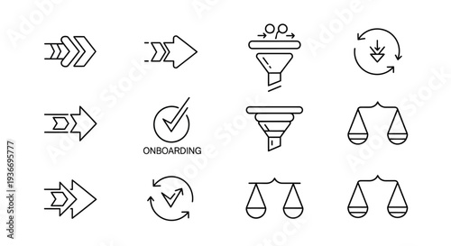 Onboarding Process and Data Flow Business Icons Set on Isolated White Background
