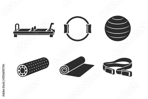 Collection of fitness equipment icons for pilates and yoga workouts