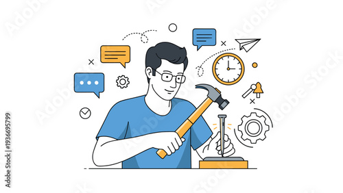 Skilled craftsman working on a manual task with a hammer and chisel surrounded by icons of productivity and planning.