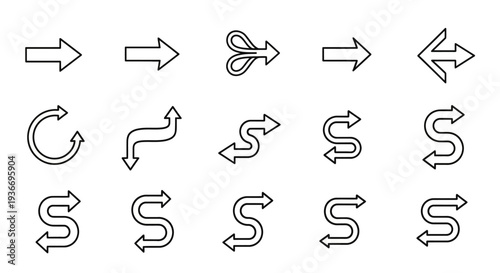 Set of outline arrow icons, featuring simple straight, gracefully curved, and stylish S-shaped directional symbols on an isolated white background.