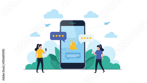 Customer review and mobile notification concept showing women interacting with a large smartphone app interface.