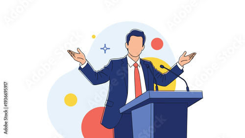Public speaker in a business suit giving a passionate presentation from a podium against a creative background.