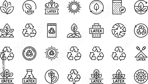 Eco latex product and recycling line icon set, sustainable natural rubber symbols collection, vector illustration