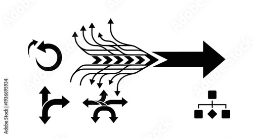 Black converging arrows representing data flow, accompanied by curved direction symbols and a hierarchical structure icon on an isolated white background.