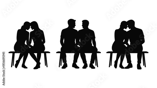 Couple sitting on bench vector silhouette illustration for love concept