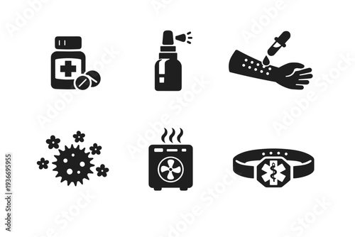 Medical icons representing allergy testing, medication, and health monitoring