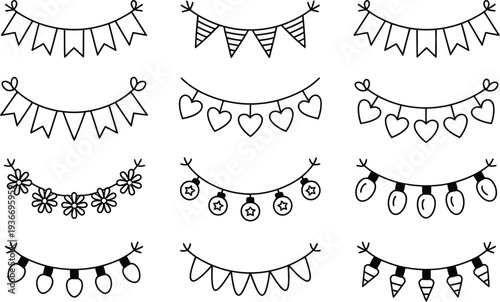 A set of festive banner illustrations in a simple line style