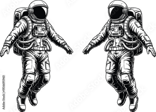 Two astronauts in spacesuits floating in space black and white