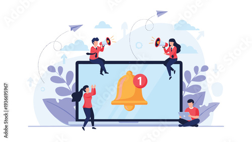 User notification concept featuring small business people working around a large laptop with a red alert bell icon.