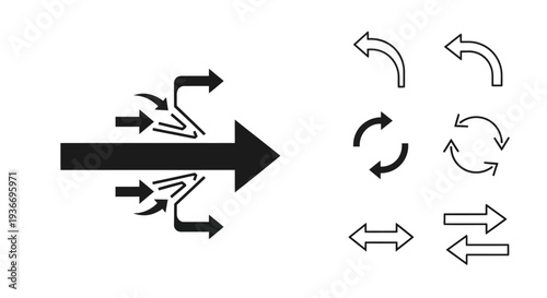 Collection of arrows showing direction, merge, refresh, and reload concepts, isolated white background.
