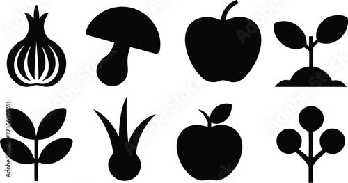 Fresh fruit and vegetable icons in black silhouette style