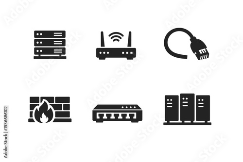 Collection of network hardware icons including servers, router, cable, firewall, and switch