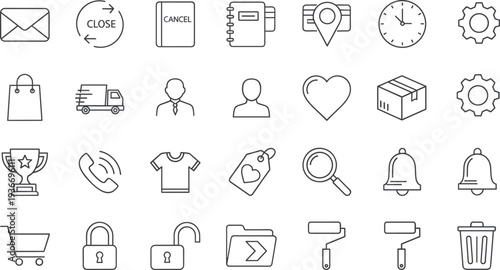 Universal user interface outline icon set including email, shopping cart, delivery truck, user profile, lock, folder, search, and settings vector collection