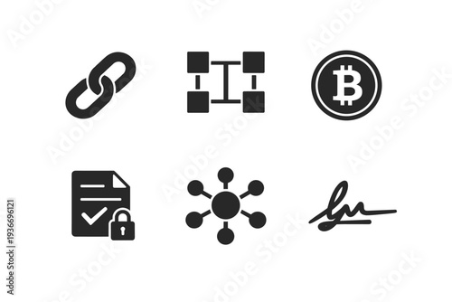 Set of six icons representing blockchain technology, digital security, and cryptocurrency concepts