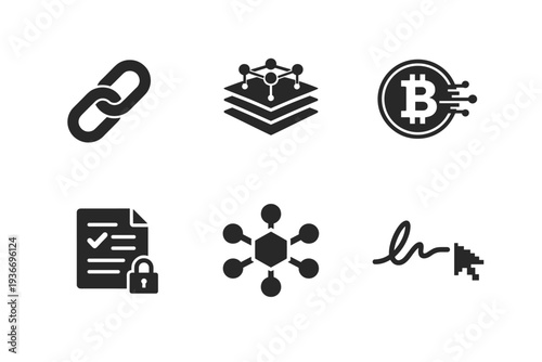Collection of six modern icons representing blockchain, security, and digital concepts
