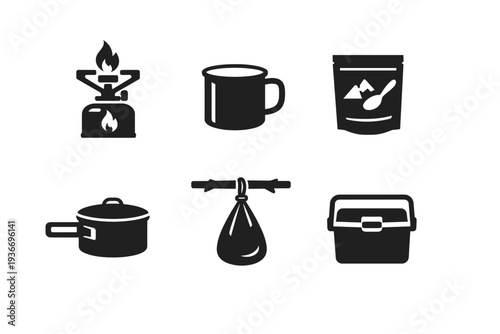Collection of camping and outdoor cooking equipment icons on a white background