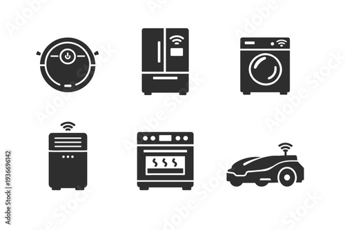 Collection of smart home appliance icons with Wi-Fi connectivity symbols