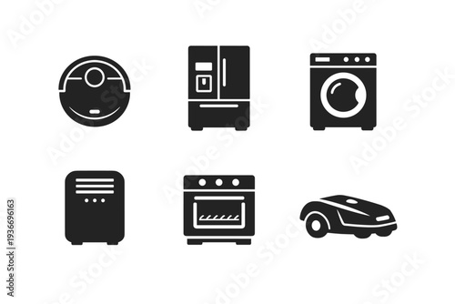 Collection of modern home appliance icons including robot vacuum, fridge, washer, and oven