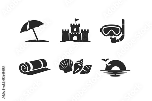 Collection of simple beach and summer vacation icons on a white background