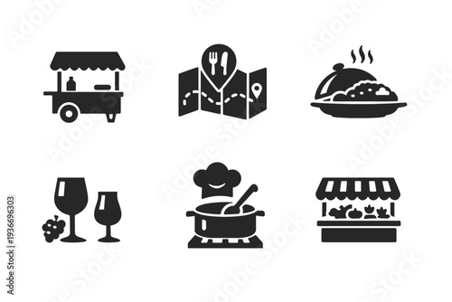 Collection of food and drink icons representing dining, travel, and markets