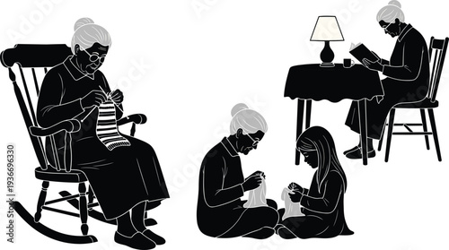 Woman knitting socks with girl sitting on floor and reading book rocking chair