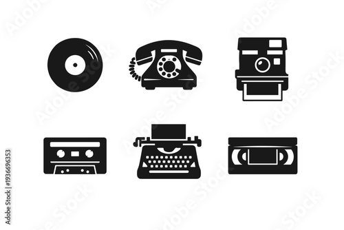 Collection of vintage technology icons including a vinyl record, rotary phone, and instant camera