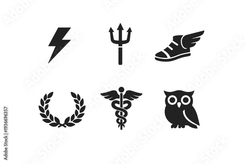 Collection of Greek mythology symbols and icons on a white background