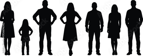 Family Silhouette Collection, Men Women and Child Standing Full Body Black Figures Set, vector illustration