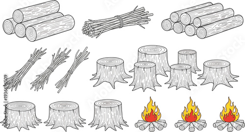 Wood logs stumps and firewood bundles with flames