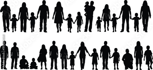 Family silhouettes set, parents and children holding hands black figures collection, vector illustration