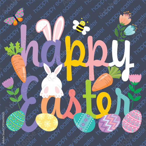 Happy Easter Festive Illustration with Bunny  Eggs  and Carrots