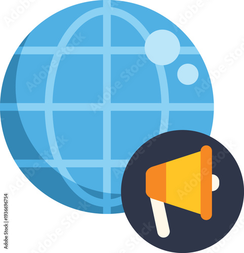 Globe with megaphone icon symbolizing worldwide marketing and public relations